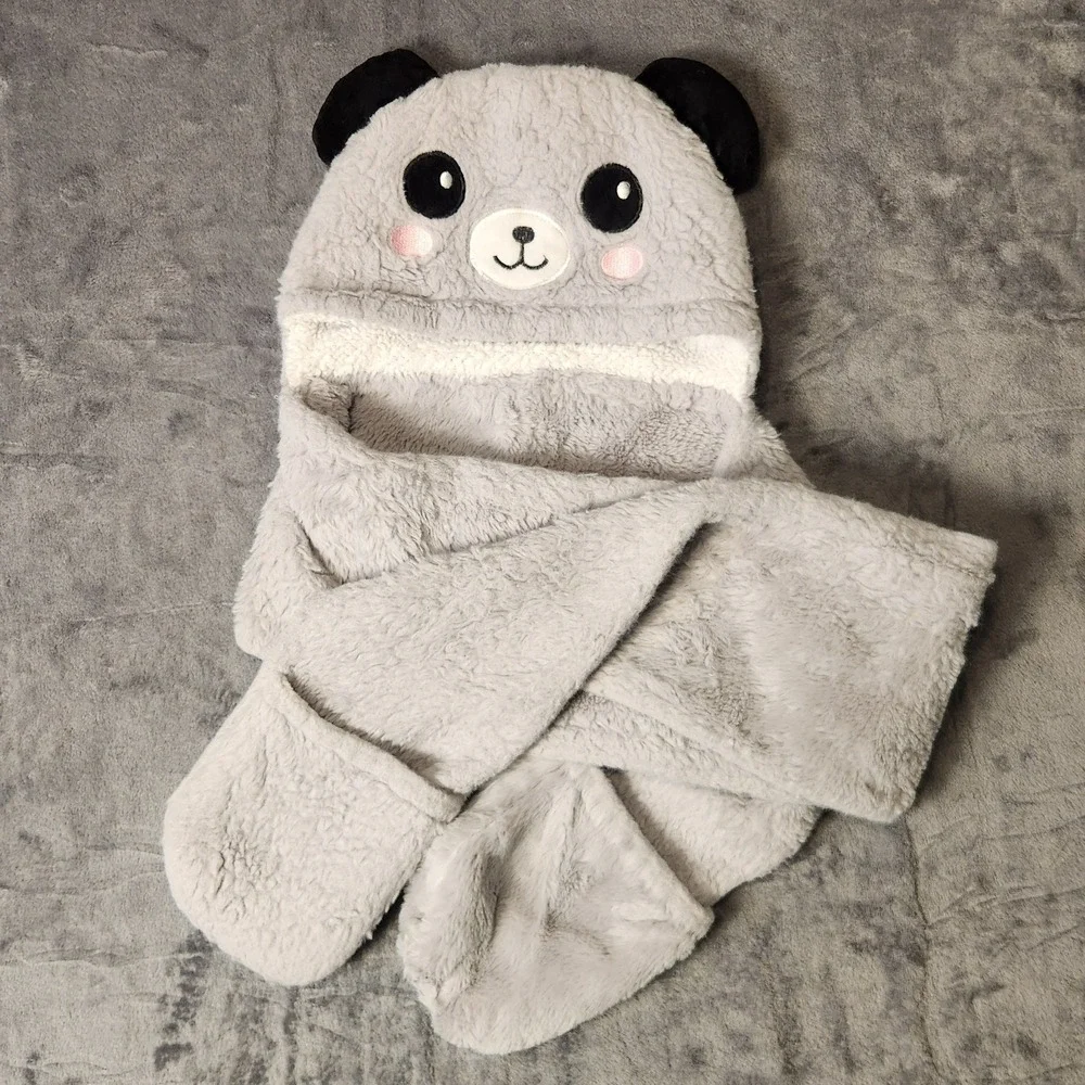 Toddler Kids Panda Winter Hat Scarf Mittens Set 3 in 1 Plush Fuzzy Hood Grey